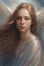 Placeholder: A realistic portrait of an Angel floating over Arcadia with long Aubern hair