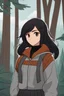 Placeholder: Young latino woman with shoulder length raven hair, and brown eyes, wearing a sweater, smirking, forest background, RWBY animation style