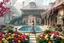 Placeholder: all scene is made of small colored cubes:a luxury villa yard with pool in center and pretty plants trees flowers, morning mist, lost paradise atmosphere,a pretty model lady in victorian clothing walking in villa yard in flowers .every thing and lady is made of small colored cubes as a puzzle
