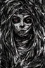 Placeholder: Silver on black paper portrait of female face of migraine, face distorted with pain, reverse colors, screaming, tears streaming from eyes, colorless, glitchcore, dystopian, horror, ultra realist texture, intricate line drawing, hdr, 8k, ultra symmetrical, dark futur, akira movie, stephen king style, goldorak anime style, octane render