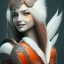 Placeholder: A beautiful portrait of a cute woman orange color scheme, high key lighting, volumetric light high details with white stripes and feathers and celtic paterns, animal skin-color-grey-jacket, long-sharp-teeth-front of vampire, cute smile