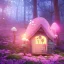 Placeholder: a cute pink and blue fairy house in the forest, spring time, mushrooms, 8k, flickering light, centered, high-quality, fine-detail, digital art, detailed matte, volumetric lighting, illustration, 3D octane render