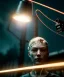 Placeholder: Ultra realistic photographic night portrait, cinematic, <blonde woman> <hanging wires> many wires coming out of the head <perfect pupil> <cyborg arm> <garage> <wide angle Shot> <sci-fi futuristic> <thriller>, fog, soft color, highly detailed, unreal engine 5, ray tracing, RTX, lumen lighting, ultra detail, volumetric lighting, high definition.