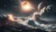 Placeholder: A volley of comets crashing into earth, as seen from mountain top, giant waves demolishing the terrain,8K picture quality, cinematic lighting, dynamic destructive scene