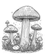 Placeholder: mushroom world minimalistic landscape. line art, background, vector, svg, coloring book page style, black outline on white background