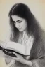 Placeholder: Pencil sketch of Young woman, Arab features,sad, long wavy hair, reading a book, full body، on lined paper