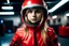 Placeholder: Russian girl, blonde hair, dressed in red car racing suit, posing in photo studio, helmet on and open, racing pit background, looking at viewer, studio lights, photo taken with a Sony Alpha III camera, 50mm lens