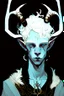 Placeholder: young satyr male albino alchemist with goat horns in the style of Harry Clarke