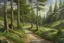 Placeholder: Peder Mork Monsted style Scots pines, dirt road in the middle, hyperrealistic