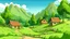 Placeholder: Village, Cartoon Drawing, Background, Photography, B, Old Style, Cottage, Well, Trees, Narrow, Mountains, Green Vector Grass