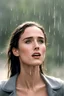 Placeholder: Beautiful 25 year-old Jennifer Connelly is standing outside in a rain shower with no rain-coat, umbrella, or hat on, with her head tilted up to the sky, her tongue sticking out and catching raindrops, as if reliving a childhood memory.