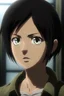 Placeholder: Attack on Titan screencap of a female with short, black hair and big greenish brown eyes.