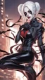 Placeholder: A close picture to Mix between Harley Quinn and venom symbiote with white hair in solo leveling shadow art style