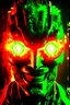 Placeholder: Face of an evil robot with a demonic smile, white eyes, surrounded by flames, youthful green light, fire starter in the background