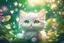 Placeholder: diaphanous colorful transparent light cute chibi anime cat with glowing center on green leaves and flowers, ethereal, otherwordly, cinematic postprocessing, bokeh, dof