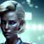 Placeholder: Charlize Theron, Cyborg anime samurai, cyberpunk, white skin, light blonde hair, pixie hair, geisha hairstyle, cobalt eyes, waist up portrait, 8k resolution, retroanime, intricate details, neon details, soft lighting, vibrant colors, masterpiece, intricate eyeliner, dark eyeshadow, eyes, intricate tattoos, gradient background