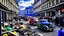 Placeholder: 1940s London street with bomb damage, injured people, vehicles, ambulances, fire engines, wartime, full colour