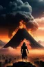 Placeholder: A volcano exploding over a big City, a shadowy transparent figure appears in the sky