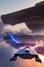 Placeholder: Pod-racer, star wars pod racer, purple lightning in middle of futuristic engines, fast speed, motion blur, desert landscape