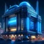Placeholder: cyberpunk retro futuristic town hall for comics