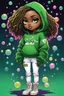 Placeholder: Create an colorful psychedelic comic book illustration of a chibi cartoon black female thick curvy wearing a cut of green hoodie and white jeans and timberland boots. Prominent make up with long lashes and hazel eyes. Highly detailed shiny sister locs. Background of a large bubbles all around her