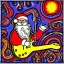 Placeholder: WOODSTOCK, hippie Santa playing electric guitar, psychedelic, peace sign, MUSHROOMS, TRIPPY, ACID, LSD, dreadlocks