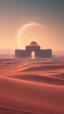Placeholder: realistic photo of a landscape covered in sands that looks futuristic with futuristic lighting, ancient building in the middle
