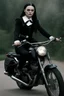 Placeholder: Wednesday Addams on a motorcycle