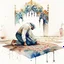 Placeholder: A man is performing sujood, background of islamic pattern, watercolour painting