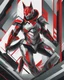 Placeholder: (((Full body))). Digital illustration of futuristic character with armor, dynamic. Elegant metallic suit adorned with sharp angular lines, silver colors, black details, red stripe on the chest. Helmet with pointed cat design, cat ears, bright red cat eyes, exuding menacing presence. Stylized, abstract artwork, sketch-like quality, vibrant colors emphasize intricate details of the armor