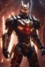 Placeholder: Dark Lord Evil mechanical robo warrior character, anthropomorphic figure, wearing futuristic mecha warrior armor and weapons, reflection mapping, realistic figure, hyperdetailed, cinematic lighting photography, 32k uhd with a golden staff, red lighting on suit, lightning thunder storm background