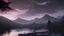 Placeholder: Cloudy dark sky, Distant epic mountains, river, rocks, trees