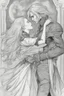 Placeholder: Strahd Von Zarovich being kissed by a beautiful woman with white hair. Settling and background are a lavish toomb with an ebony coffin.