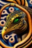 Placeholder: Close up of a Cobra snake ready to strike, head in a flat striking position. Abstract, Stunning and frightening pattern on forehead with staring eyes. Style of steampunk, chaos80, realistic and high quality