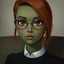 Placeholder: Oota has olive green skin and amber eyes. She's wearing oval glasses. Her copper hair is in an asymmetric cut. She has a melancholic look on her face. Her forehead is flat and her eyebrows are bushy. She's wearing a beautiful anklet made of platinum. Her clothes look really formal. There's a small birthmark on her left arm.