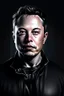 Placeholder: Portrait of Elon musk, half cyborg with metal pieces showing under skin, one eye red