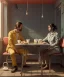 Placeholder: Realistic scene, man and woman sitting in cafeteria and having breakfast levitating, 0 gravity, Wes Anderson, soft color, highly detailed, unreal engine 5, ray tracing, RTX, lumen lighting, ultra detail, volumetric lighting, 3d, finely drawn, high definition, high resolution.