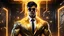 Placeholder: Hyper Realistic handsome muscular Electric-Superhero with short-black-hair wearing long-fancy-golden-tuxedo-with-yellow-circuit-patterns & fancy-sunglasses in a dark-rustic-circuit-room with electric-sparks-&-rays & a massive circuit-board-wall with-glowing-embers showing dramatic & cinematic ambiance.