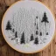 Placeholder: exquisite whimsical snowy forest in embroidery hoop, intricate, highly detailed, linen and wood backdrop