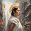 Placeholder: [Part of the series by Pierre Gauvreau] In a bustling city, a woman resembling Athena emerges, exuding wisdom and strength.