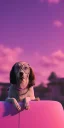 Placeholder: Snoop dogg sitting on a chair. pink houses, pink sky, pink smoke, moon, trees, wide angle