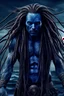 Placeholder: Christian bale as muscular blue skinned alien with long dreadlocks and tribal tattoos and silver whip ocean in the background realistic face, close-up, dark fantasy, smoke in the sky, intricate details, hyper detailed