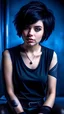 Placeholder: hyper-real photo of a beautiful girl, short straight haircut with messy tips, doomer girl, kneeling pose, tini black choker, black hair, white skin, perfect body, black tight one sleeve top , slightly wavy hair, black eyes, black short, Caucasian, white skin, blushed