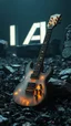 Placeholder: "ancient glowing metallic white electrical guitar on a ruined of all guitars graveyard , surrounded by black flowers runes and chitin shards, a background with a 3d Text of “ AI “ word dramatic spotlight, 16:9, high detail, no humans."