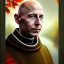Placeholder: fantasy art, book illustration,portrait of a realistic bald priest by a dam ,autumn water, colorful, evening
