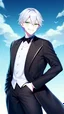 Placeholder: plauge doctor in balck leather coat and suit with silver hair, pale skin and bright green eyes smiling with sharp teeth, nice young face, male, viscious smile