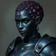 Placeholder: a portrait of a female earth genasi for D&D. She should have dark, charcoal stone-colored skin with glittering sparkles like gem dust. She should have lines marking her skin like cracks, showing glimmering gem-like veins and a faint glow. Her short hair should appear carved completely from ruby crystals. She should be in her mid-20s and fully-clothed in heavy full plate armor.