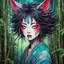 Placeholder: full color front facing portrait of a Bakeneko woman with highly detailed hair and slim, narrow facial features, in a haunted mountain bamboo forest, pierced by shafts of moonlight , danger lurks everywhere but she is undeterred and resolute in her purpose, art in the style of Alex Pardee, spirited away, studio ghibli, , 8k , finely detailed and precise line work, soft natural Spring colors