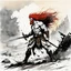Placeholder: [art by Ralph Steadman] once a flourishing field, now reduced to burned ruins, fumes of death hung heavy in the air. Amidst the devastation, an enraged redhead Barbarian, a towering figure of wrath and fury, thundered across the desolate landscape. His eyes blazed with a primal rage as he sprinted towards a lone white paladin, clad in chrome steel plate armor, a beacon of light amidst the darkness. The Barbarian faces the paladin.