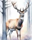 Placeholder: deer with antlers standing sideways, looking at viewer, realistic water color painted, among light colored tall simplified tree trunks, foggy, pastels, colorful, dark background